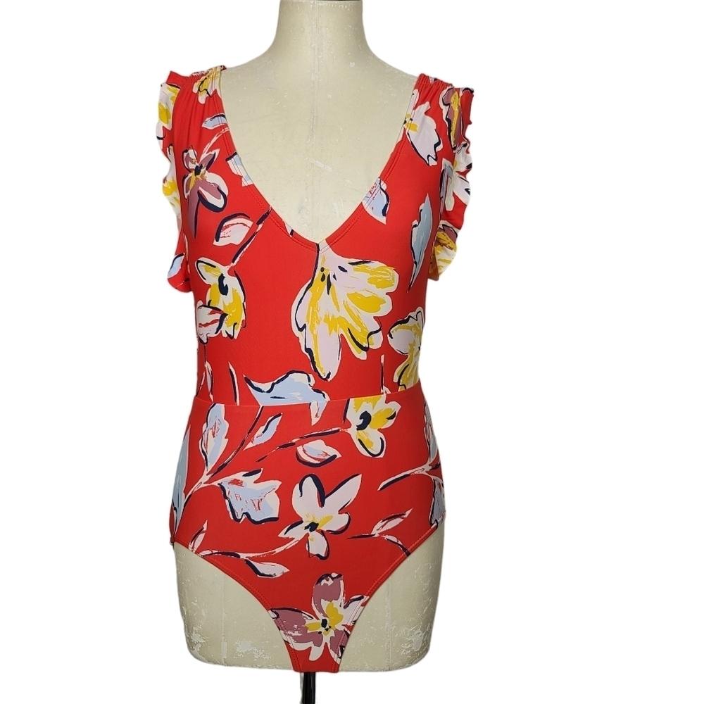 Catalina Orange Floral Blue Yellow V Neck One Piece Swimsuit S 4-6